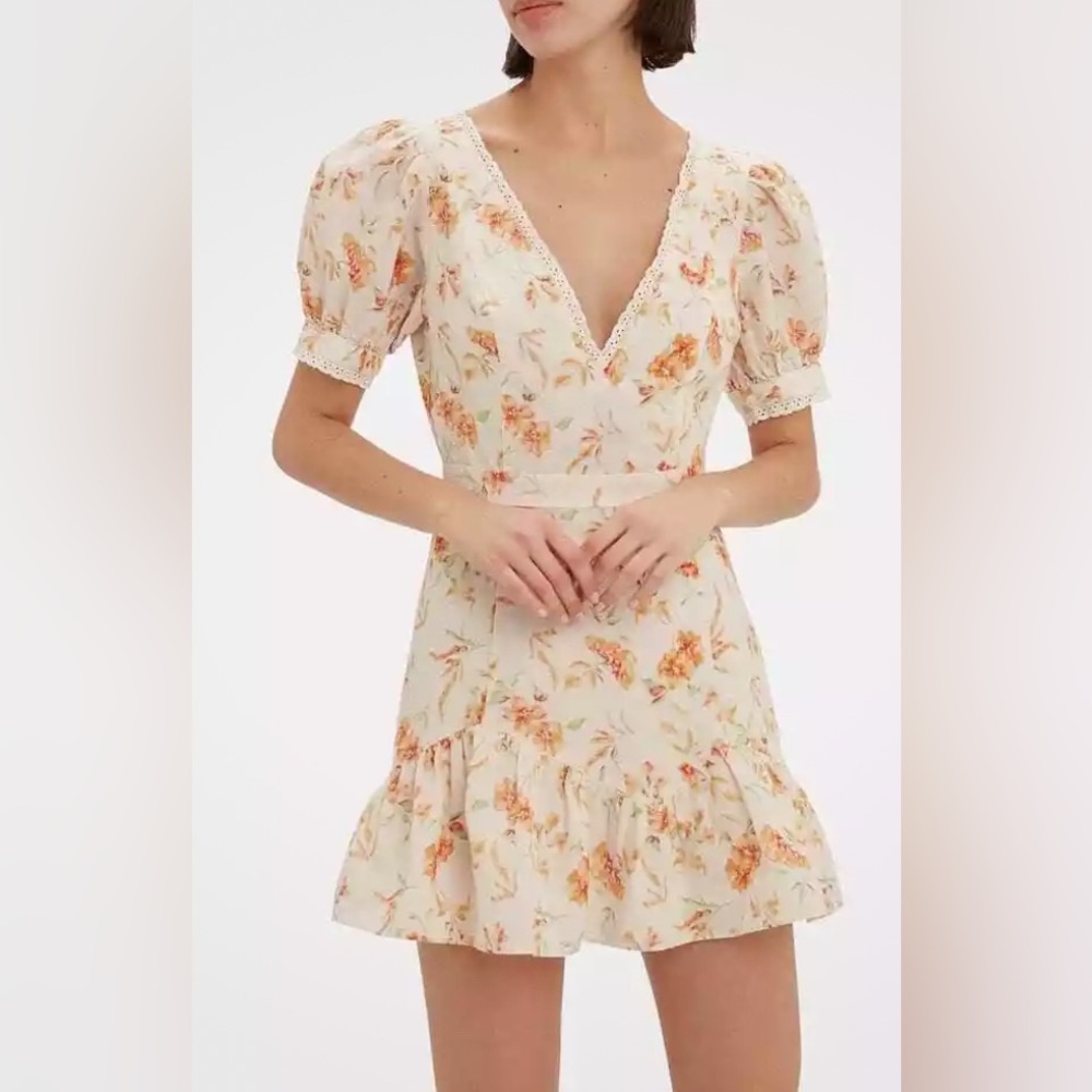 LoveShackFancy Lena Floral Linen Blend Puffy Sleeve‎ Mini Dress - L